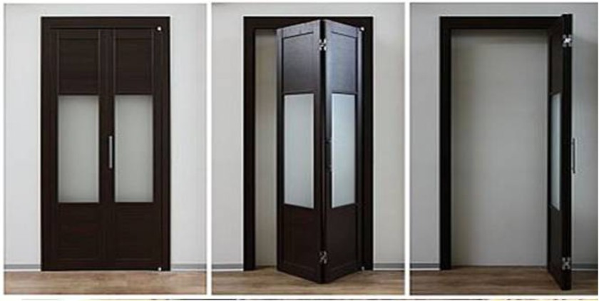 Шпонированные двери гармошка с матовыми стеклянными вставками Шымкент